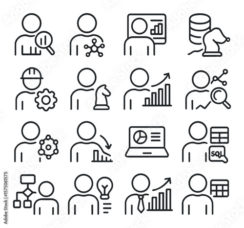 Analytics roles line art icons. data analyst, data scientist, BI developer, database admin, data engineer, business strategist, visualization designer, research analyst, ML
