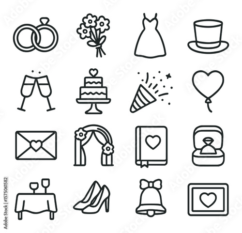 Wedding celebration line art icons. wedding rings, bridal bouquet, wedding dress, groom hat, champagne glasses, wedding cake, confetti cannon, heart balloon, gift envelope,