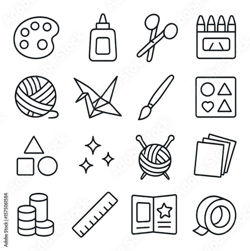 Arts and Crafts Class line art icons. paint palette, glue bottle, safety scissors, color pencil set, yarn ball, origami crane, watercolor brush, stencil sheet, paper shapes,
