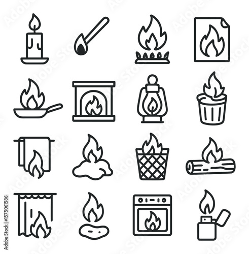 Burning household items line art icons. candle, matchstick, stove flame, burning paper, hot pan, fireplace, gas lamp, smoking trash, singed towel, melted object, fire in bin, burnt