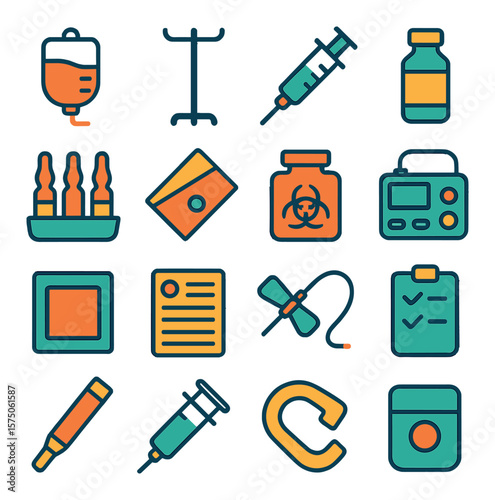 IV & Medication Support modern flat .IV bag, IV drip pole, syringe icon, injection vial, ampoule case, medication box, sharps container, infusion pump, alcohol swab, dosage label,