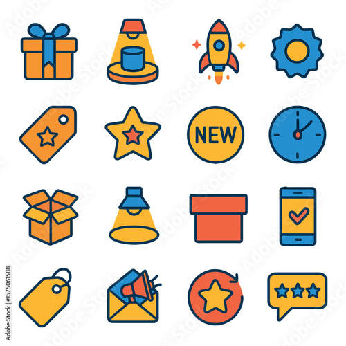Product Launches modern flat .Box with ribbon, product spotlight, launch rocket, promo sticker, limited offer tag, feature icon, new arrival badge, countdown clock, packaging