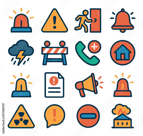 Emergency Alerts modern flat .Siren icon, warning triangle, evacuation notice, red alert bell, weather warning, roadblock sign, emergency phone, shelter location, alert beacon,