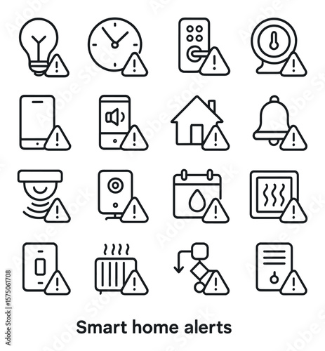 Smart home alerts line art icons. smart bulb, wall clock, door lock, thermostat, app screen, voice assistant, house icon, security bell, motion detector, smart camera, calendar