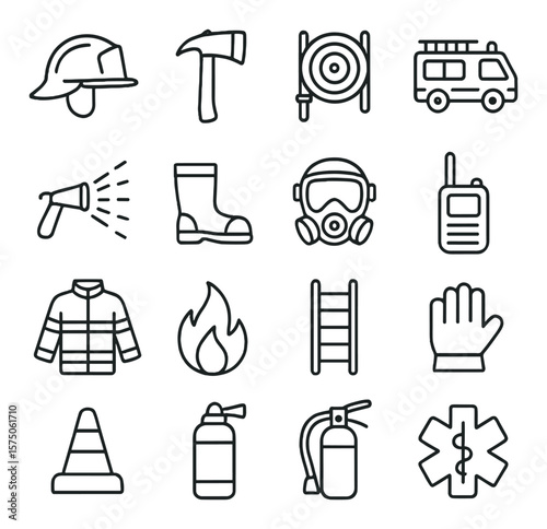 Firefighter gear line art icons. helmet, axe, hose reel, fire truck, water jet, fireproof boots, breathing mask, walkie-talkie, turnout coat, flame icon, ladder, glove, emergency