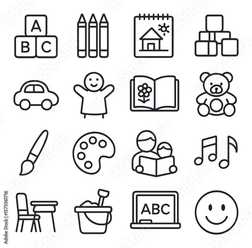 Early Childhood Education line art icons. ABC blocks, crayons, drawing pad, building blocks, toy car, puppet, picture book, teddy bear, paintbrush, color palette, storytime icon,