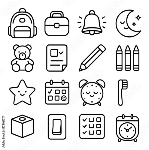 Children's schedule helpers line art icons. backpack, lunchbox, school bell, bedtime moon, teddy bear, homework sheet, pencil, crayons, reminder star, calendar with stickers, sleep