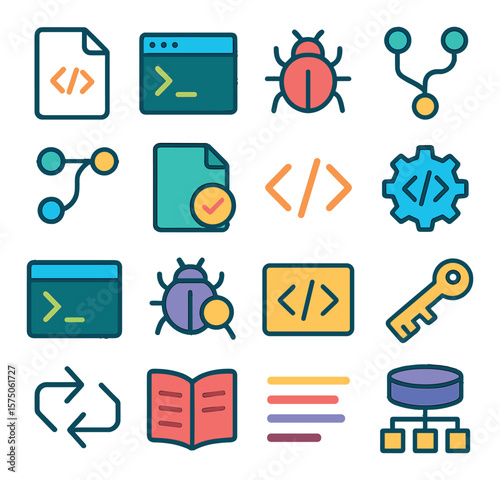 Programming & Development modern flat .Source code file, terminal window, bug icon, version control branch, code commit, script file, code brackets, gear with code, command line,