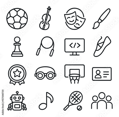 Extracurricular icons line art icons. soccer ball, music instrument, theater masks, paintbrush, chess piece, jump rope, coding screen, dance shoe, student club badge, swimming