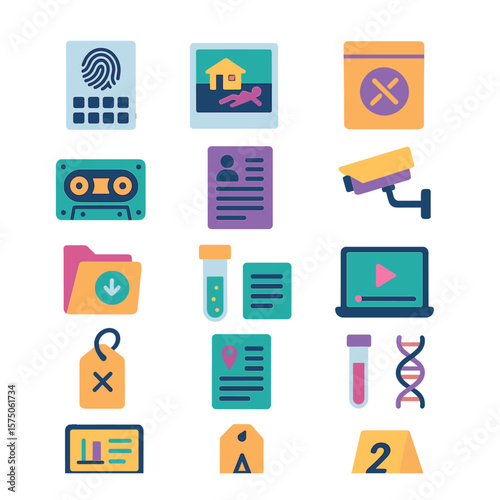 Court Evidence modern flat .Fingerprint card, crime photo, sealed bag, audio tape, witness statement, CCTV footage, digital file icon, forensic sample, video evidence, marked