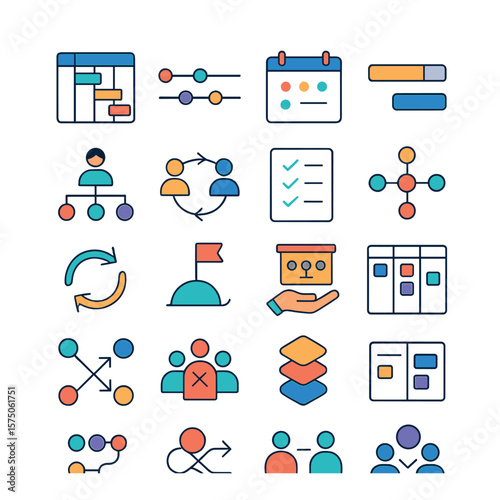 Project Coordination modern flat .Gantt chart, timeline icon, shared calendar, progress tracker, task delegation, collaboration flow, team checklist, coordination hub, sync arrows,