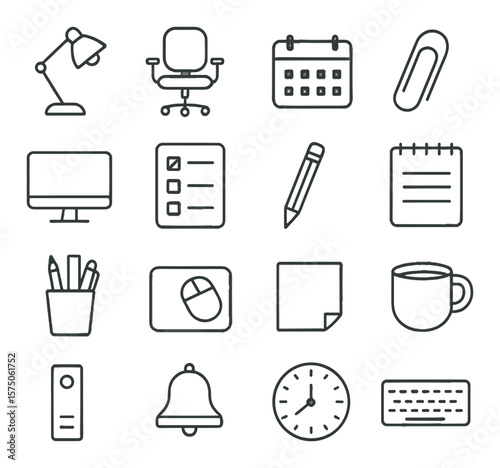 Home workspace line art icons. desk lamp, office chair, calendar, paperclip, computer monitor, to-do sheet, pencil, notepad, desk organizer, mousepad, sticky notes, coffee cup,