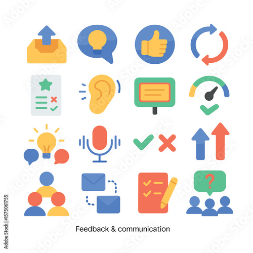 Feedback & Communication modern flat .Open inbox, suggestion bubble, feedback icon, response loop, review sheet, listening ear, message board, trust meter, idea sharing, voice icon
