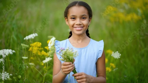 Smiling girl holding wildflowers, summer meadow portrait, happy child in nature, outdoor floral scene, carefree childhood concept, natural beauty lifestyle, blooming field background, cheerful kid ima