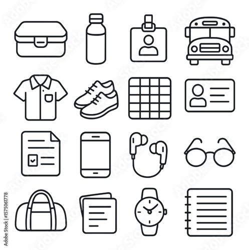 Student essentials line art icons. lunchbox, water bottle, ID badge, school bus, uniform shirt, shoes, schedule, student card, homework sheet, mobile phone, earbuds, reading