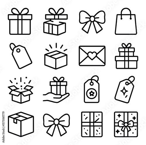 Gift-giving moments line art icons. wrapped gift, open present, ribbon bow, gift bag, thank you tag, surprise box, heart envelope, stack of gifts, confetti inside box, hand holding