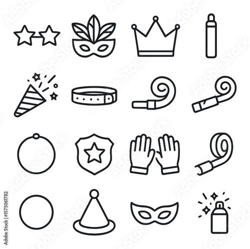 Celebration accessories line art icons. party glasses, feather mask, paper crown, glow stick, confetti cannon, wristband, party horn, noisemaker, glow necklace, costume badge,