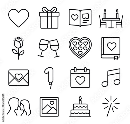Anniversary celebration line art icons. heart icon, gift box, photo album, candlelight dinner, rose flower, wine glasses, chocolate box, memory book, love letter, number balloon,