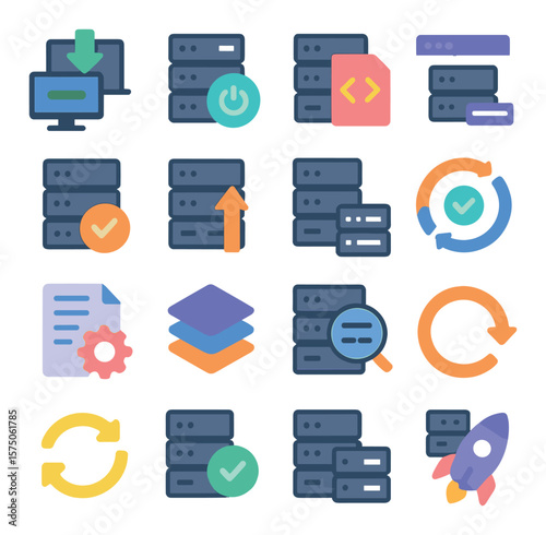 Server Deployment modern flat .Server install, boot icon, deployment script, staging environment, production environment, deployment pipeline, CI/CD icon, configuration file,