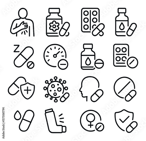 Medical conditions and treatment line art icons. pain relief, allergy medicine, cold & flu pills, digestion aid, sleep aid, blood pressure tablet, diabetes pill, heart medication,