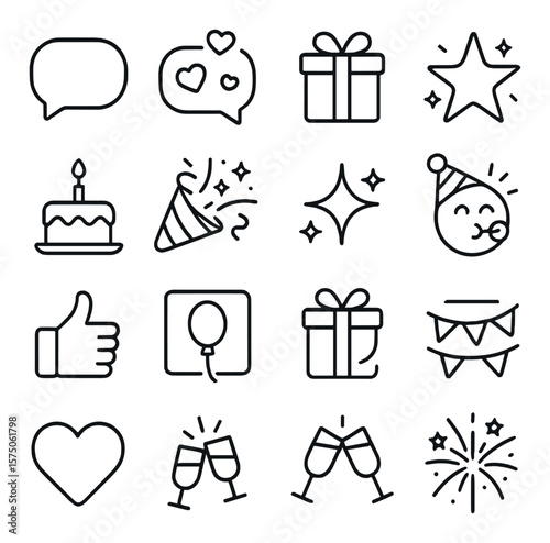 Celebration icons for messages line art icons. chat bubble, heart confetti, gift emoji, celebration star, digital cake, confetti popup, animated sparkle, emoji party hat, thumbs up