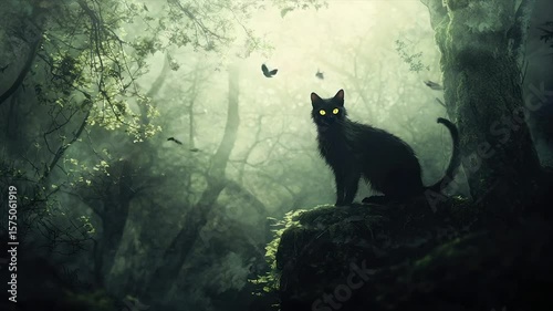 A black cat with glowing eyes sits on a rock in a misty, dark forest