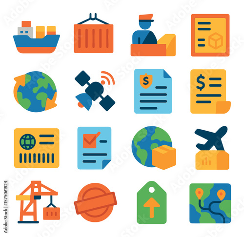 Global Shipping modern flat .Cargo ship, shipping container, customs icon, freight label, globe with arrows, tracking satellite, shipping manifest, freight invoice, international