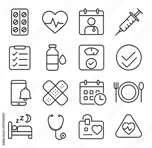 Health scheduler line art icons. pill pack, heart monitor, doctor calendar, injection, medical checklist, water tracker, weight scale, wellness log, fitness reminder, medication
