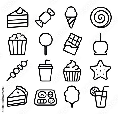 Festival food and treats line art icons. slice of cake, candy icon, ice cream cone, donut swirl, popcorn bag, lollipop, chocolate bar, caramel apple, fruit skewer, drink cup,