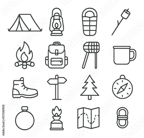 Camping fun line art icons. tent, lantern, sleeping bag, marshmallow stick, campfire, backpack, bug net, camping mug, hiking boot, trail sign, forest tree, compass, canteen, camp