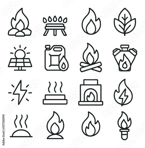 Fire energy sources line art icons. coal flame, gas burner, oil fire, biomass icon, solar heat, fuel blaze, wood fire, combustion engine, energy spark, heat emission, furnace,