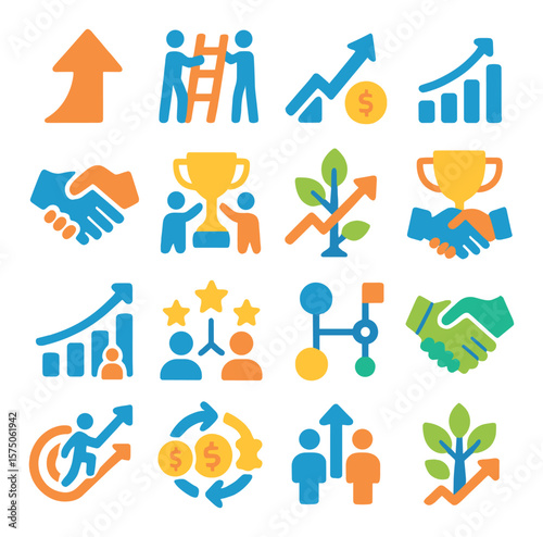 Mutual Growth modern flat .Upward arrow, shared ladder, profit growth icon, business success chart, cooperative hand, shared trophy, growing tree icon, joint reward, upward graph