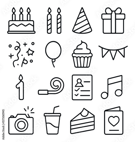 Birthday party icons line art icons. birthday cake, candles, party hat, gift box, confetti, balloon, cupcake, birthday banner, number candle, party horn, guest list, music note,