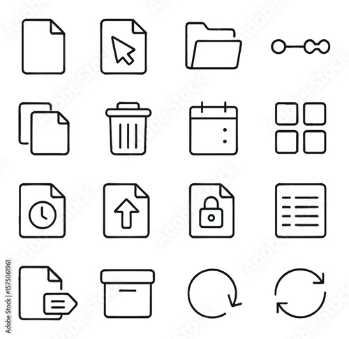 Online file management line art icons. file icon, rename tool, move folder, file path, duplicate icon, delete button, sort by date, grid view, list view, recent file, upload arrow,