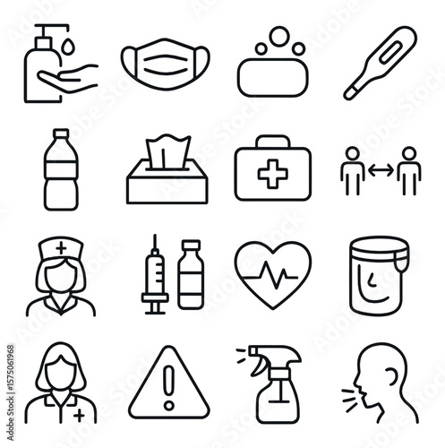 Health and safety line art icons. hand sanitizer, mask, soap, thermometer, water bottle, tissue box, first aid kit, social distance icon, nurse symbol, vaccine icon, health chart,