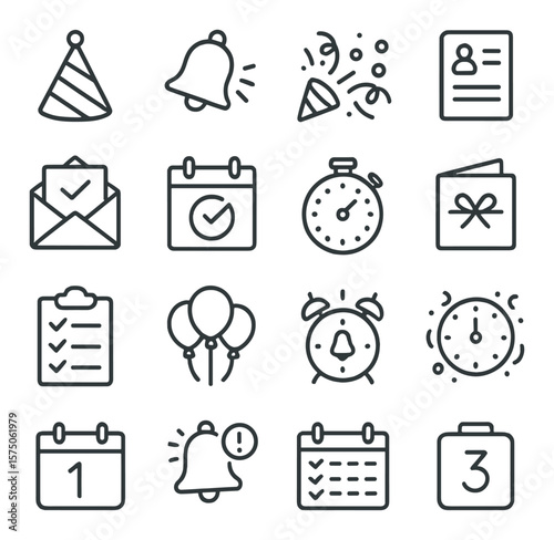 Event organizing line art icons. birthday hat, party bell, confetti, guest list, RSVP card, calendar mark, timer, invitation note, checklist board, balloons, alarm, celebration