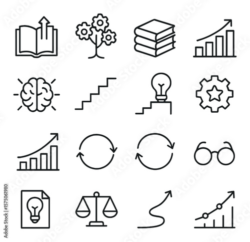 Knowledge growth line art icons. book with arrow, tree with gears, layered books, rising bar chart, expanding brain, stairs upward, lightbulb steps, experience icon, graph with