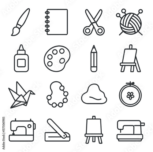 Creative hobbies line art icons. paintbrush, sketchbook, scissors, yarn ball, knitting needles, glue, color palette, pencil, easel, origami, beads, clay, embroidery hoop, sewing