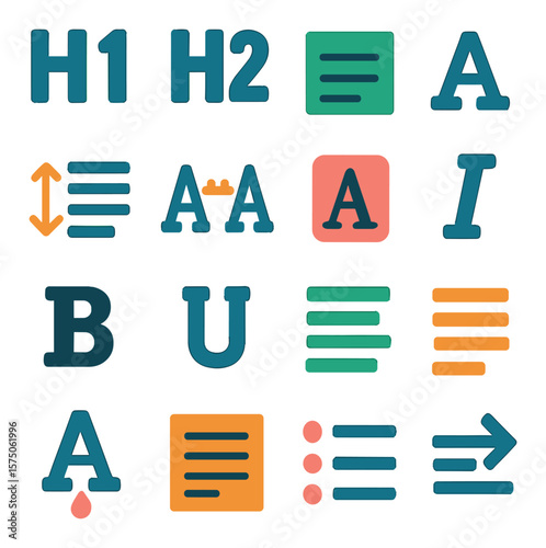Typography in Web Design modern flat .Heading H1, heading H2, paragraph icon, font size icon, line height, letter spacing, font family icon, italic icons. bold text, underline,