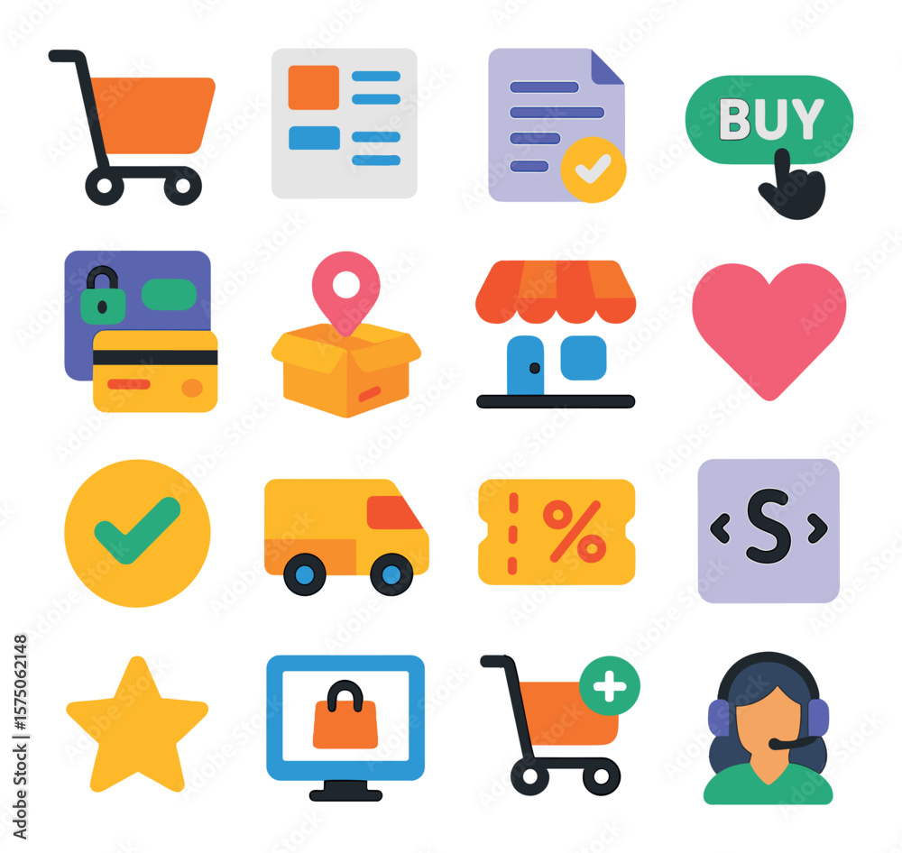 Online Shopping modern flat .E-commerce cart, product listing, digital receipt, buy button, payment process, parcel tracking, store icon, wishlist, order confirmed, delivery van,