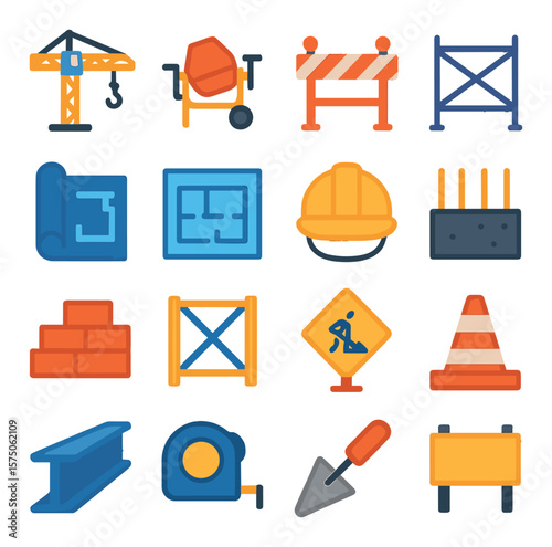 Construction Elements modern flat .Crane icon, concrete mixer, construction barrier, scaffolding, blueprint roll, building plan, safety helmet, foundation icon, bricks stack, wall
