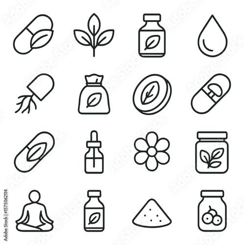 Natural remedies line art icons. herbal capsule, plant icon, leaf extract bottle, essential oil drop, root supplement, dried herbs pouch, botanical tablet, mushroom supplement,