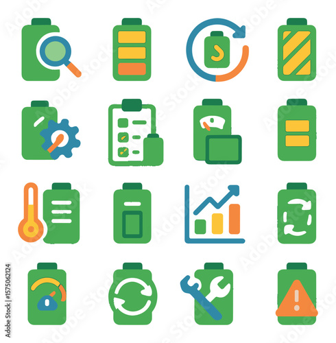 Battery Health & Monitoring modern flat .Battery diagnostics, battery health bar, cycle count icon, battery wear indicator, calibration icon, battery status report, voltage meter,