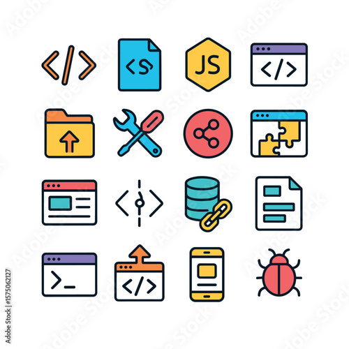 Website Development Tools modern flat .HTML tag, CSS file, JS icon, code editor window, FTP icon, dev tools icon, version control symbol, API integration, browser preview, code