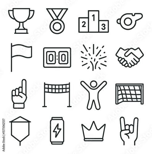 Sports victory line art icons. trophy cup, gold medal, podium, whistle, champion flag, scoreboard, confetti burst, handshake, foam finger, race finish, athlete pose, goal net, team