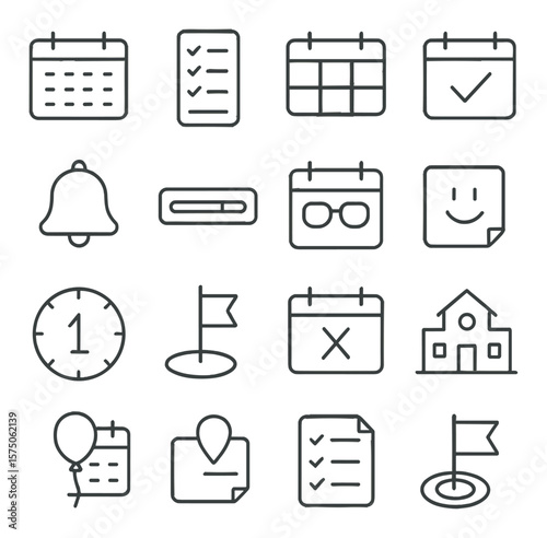 Academic calendar line art icons. monthly planner, to-do list, weekly grid, due date icon, bell reminder, progress bar, holiday icon, weekend note, school year countdown, milestone