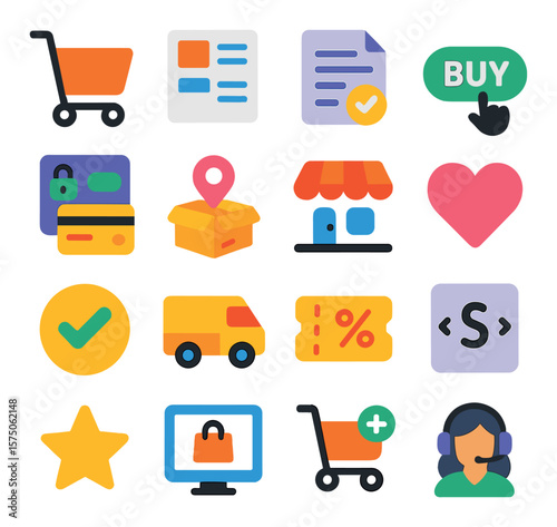 Online Shopping modern flat .E-commerce cart, product listing, digital receipt, buy button, payment process, parcel tracking, store icon, wishlist, order confirmed, delivery van,