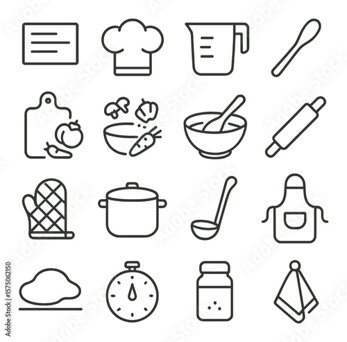 Cooking together line art icons. recipe card, chef hat, measuring cup, wooden spoon, cutting board, vegetables, mixing bowl, rolling pin, oven mitt, pot, ladle, apron, dough, timer