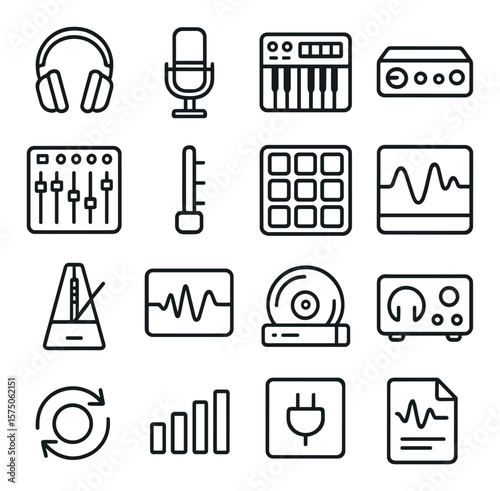Music production gear line art icons. studio headphones, condenser mic, MIDI keyboard, sound card, track mixer, volume fader, beat pad, waveform monitor, metronome icon, sample