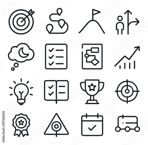 Learning goals line art icons. target icon, roadmap, future icon, career path, dream bubble, checklist, action plan, upward graph, motivation lightbulb, to-do notebook, success